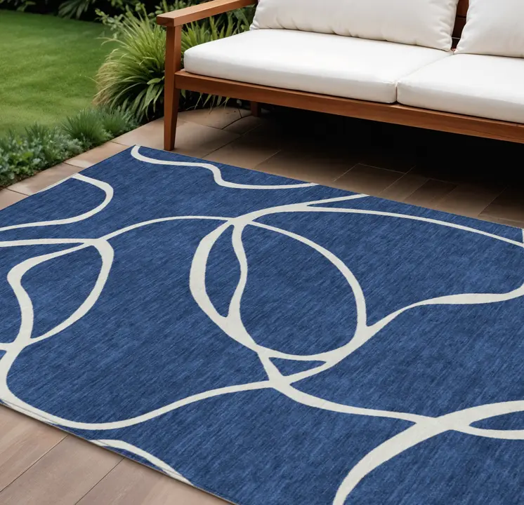 10' X 14' Navy Blue And Ivory Abstract Washable Indoor Outdoor Area Rug