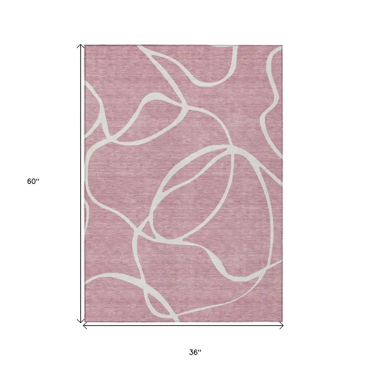 3' X 5' Pink And Ivory Abstract Washable Indoor Outdoor Area Rug