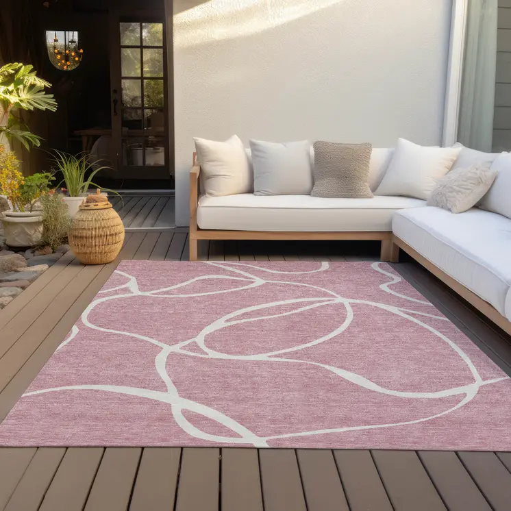 5' X 8' Pink And Ivory Abstract Washable Indoor Outdoor Area Rug