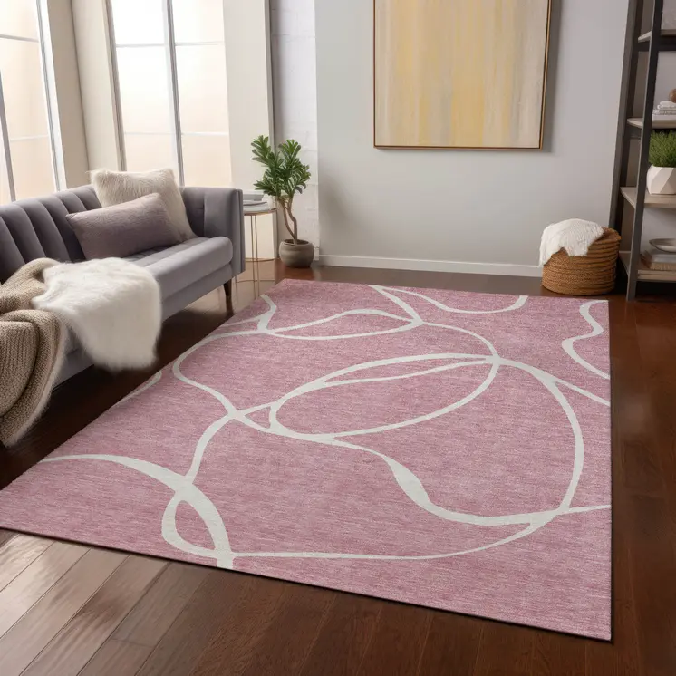 5' X 8' Pink And Ivory Abstract Washable Indoor Outdoor Area Rug