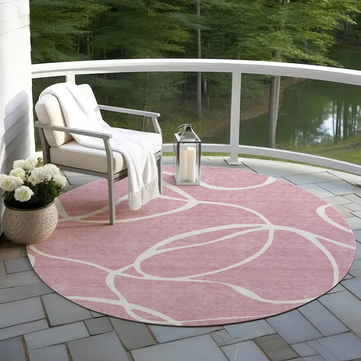 8' Pink And Ivory Round Abstract Washable Indoor Outdoor Area Rug