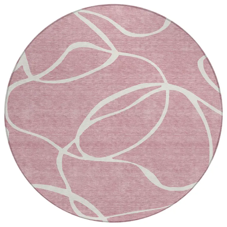 8' Pink And Ivory Round Abstract Washable Indoor Outdoor Area Rug