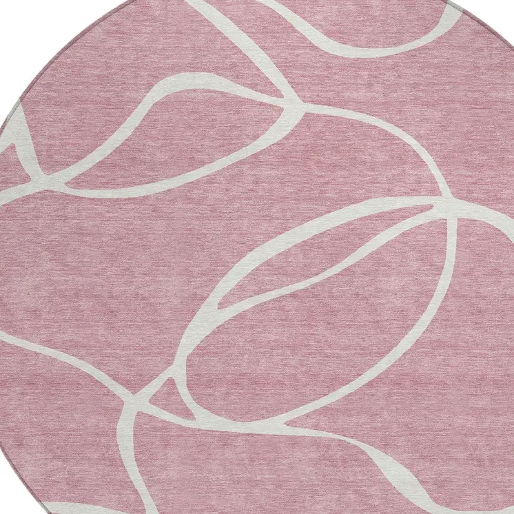 8' Pink And Ivory Round Abstract Washable Indoor Outdoor Area Rug