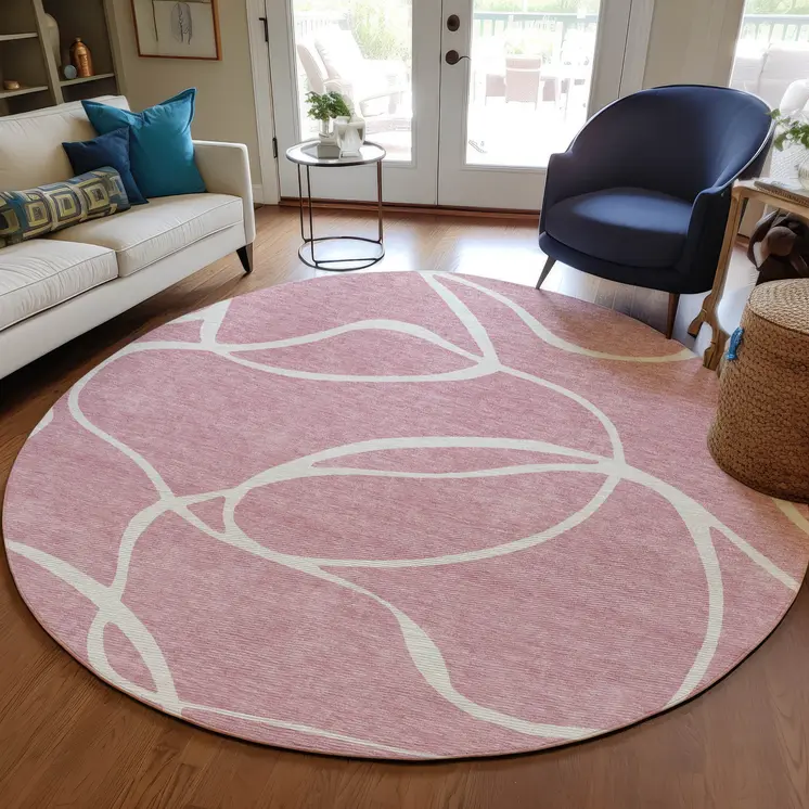 8' Pink And Ivory Round Abstract Washable Indoor Outdoor Area Rug