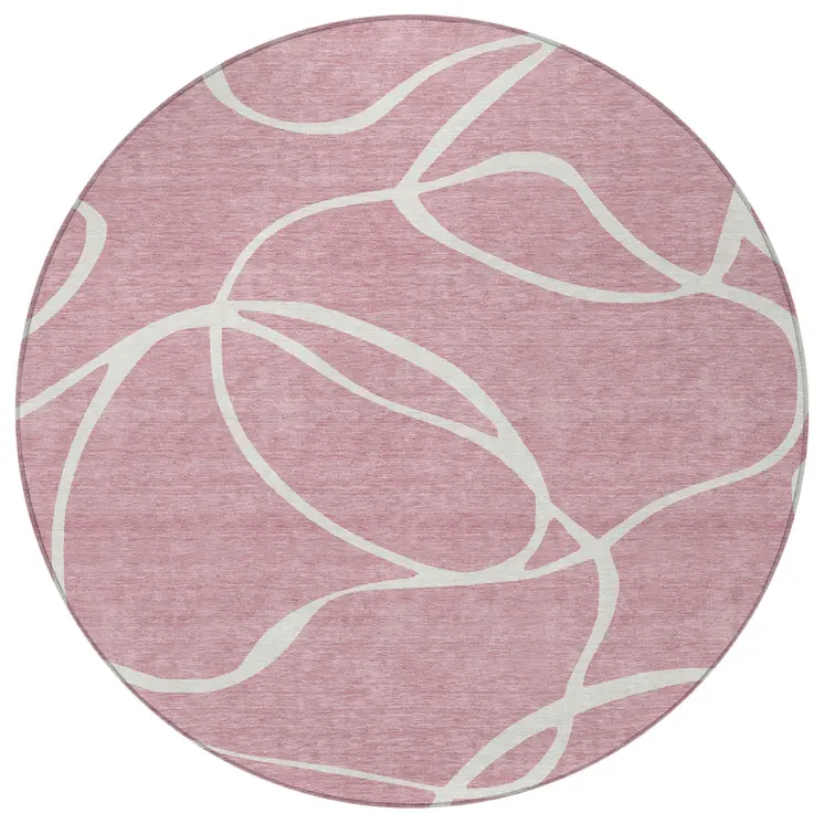 8' Pink And Ivory Round Abstract Washable Indoor Outdoor Area Rug