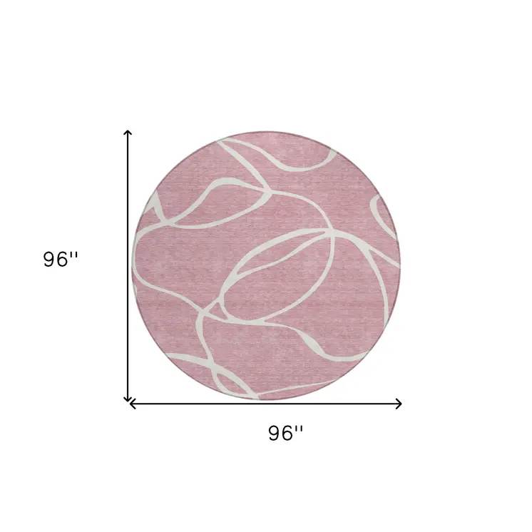 8' Pink And Ivory Round Abstract Washable Indoor Outdoor Area Rug