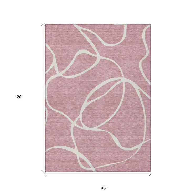 8' X 10' Pink And Ivory Abstract Washable Indoor Outdoor Area Rug
