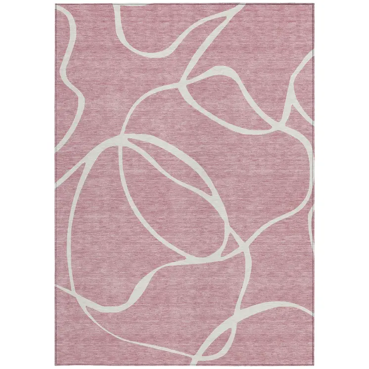8' X 10' Pink And Ivory Abstract Washable Indoor Outdoor Area Rug