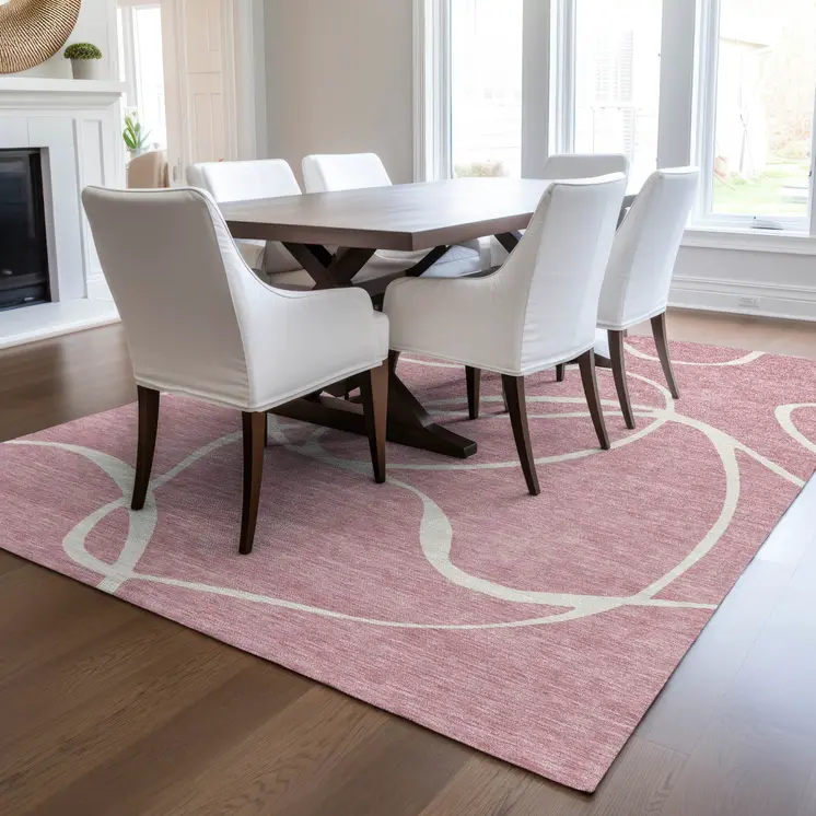 8' X 10' Pink And Ivory Abstract Washable Indoor Outdoor Area Rug
