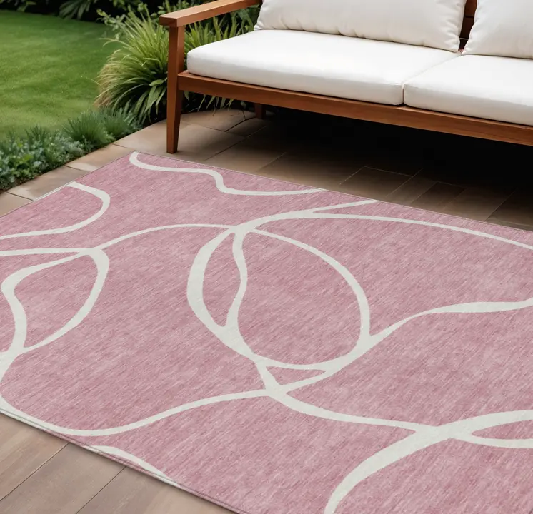10' X 14' Pink And Ivory Abstract Washable Indoor Outdoor Area Rug