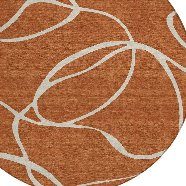 8' Copper And Ivory Round Abstract Washable Indoor Outdoor Area Rug