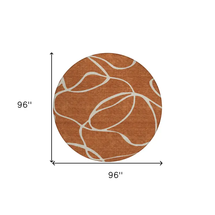 8' Copper And Ivory Round Abstract Washable Indoor Outdoor Area Rug