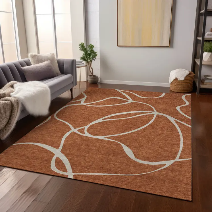 10' X 14' Copper And Ivory Abstract Washable Indoor Outdoor Area Rug