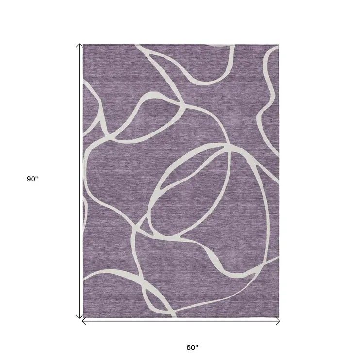 5' X 8' Purple And Ivory Abstract Washable Indoor Outdoor Area Rug