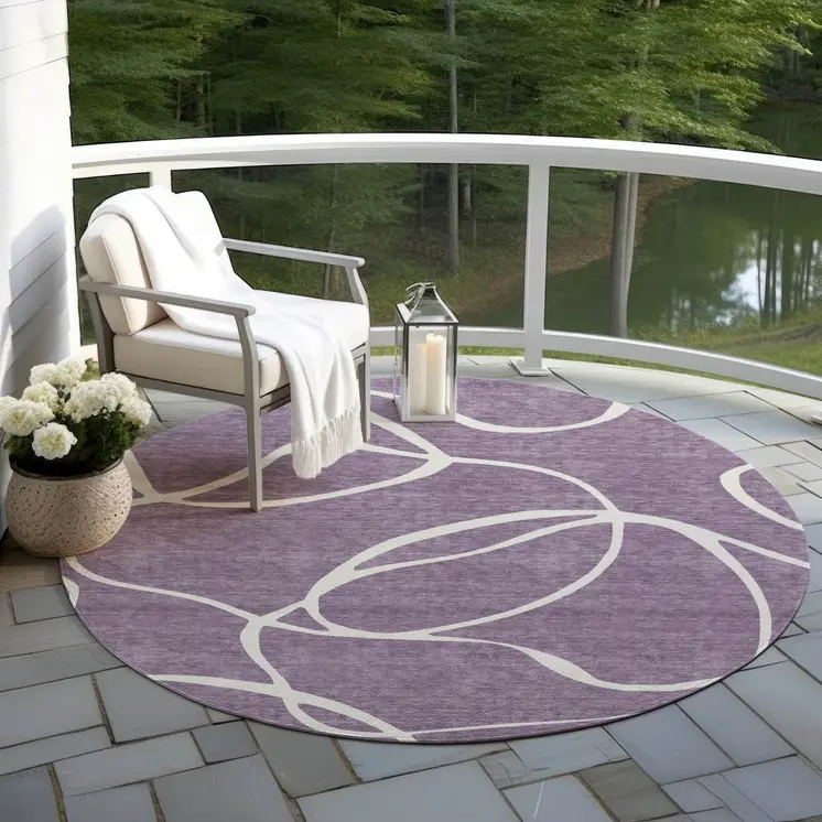 8' Purple And Ivory Round Abstract Washable Indoor Outdoor Area Rug
