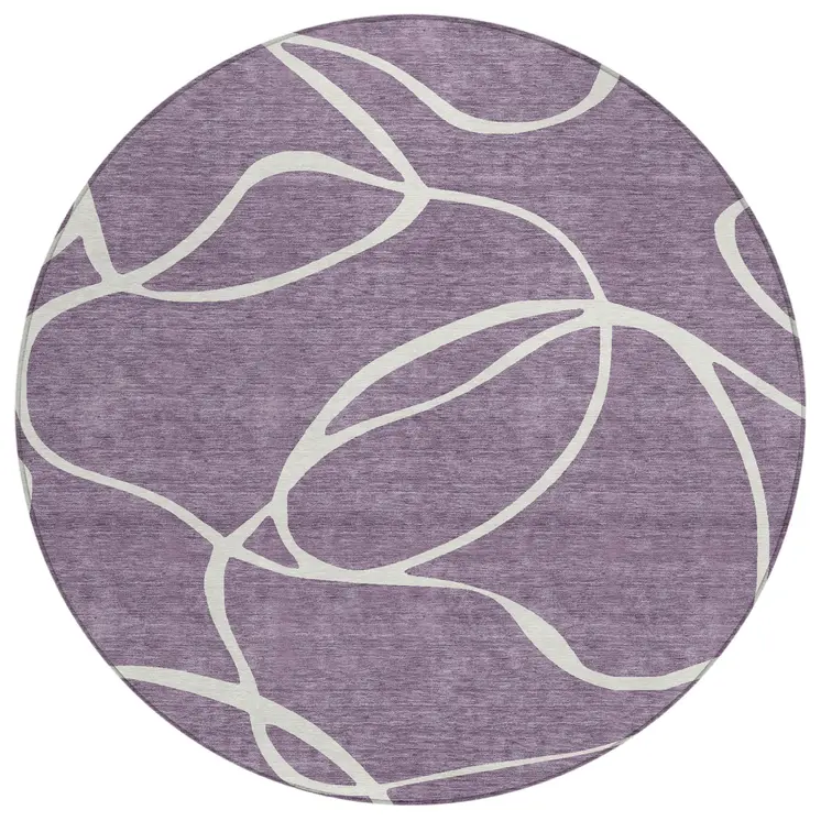 8' Purple And Ivory Round Abstract Washable Indoor Outdoor Area Rug