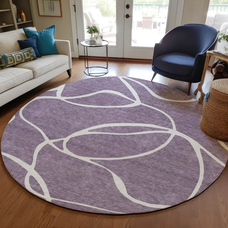 8' Purple And Ivory Round Abstract Washable Indoor Outdoor Area Rug