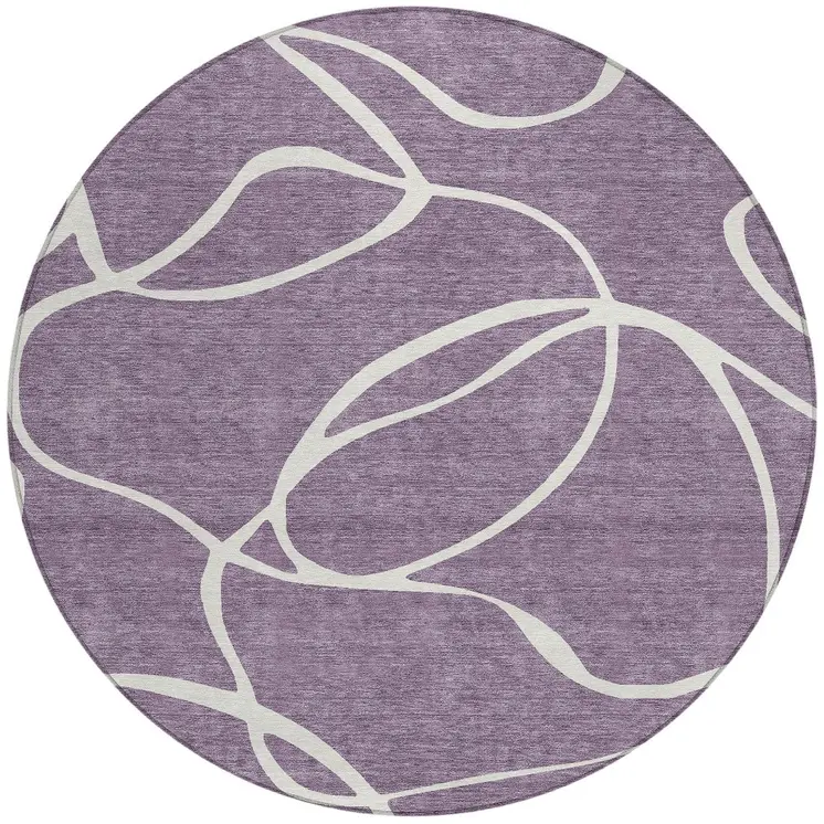 8' Purple And Ivory Round Abstract Washable Indoor Outdoor Area Rug