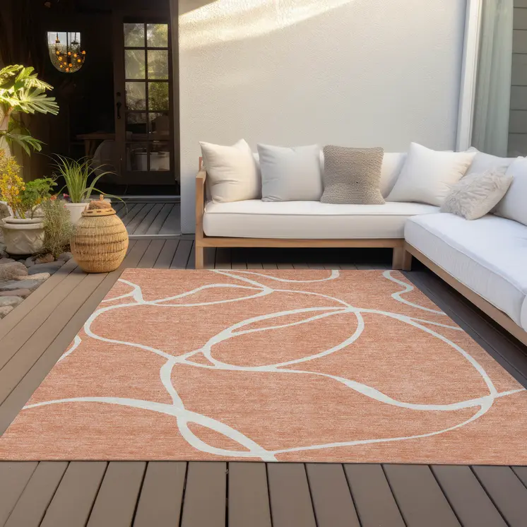 3' X 5' Salmon And Ivory Abstract Washable Indoor Outdoor Area Rug