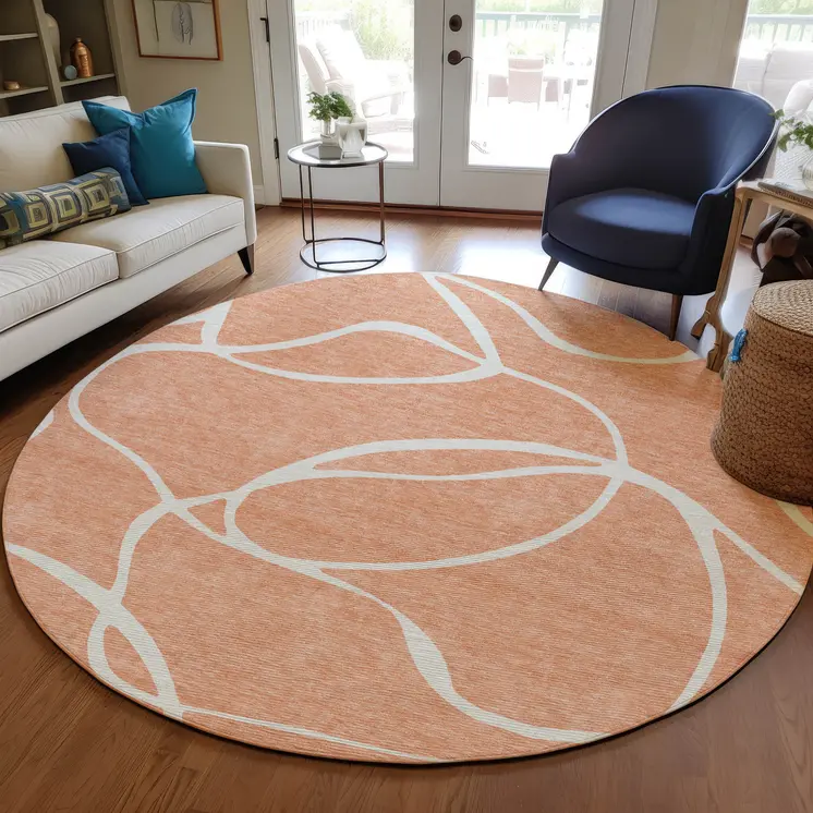 8' Salmon And Ivory Round Abstract Washable Indoor Outdoor Area Rug