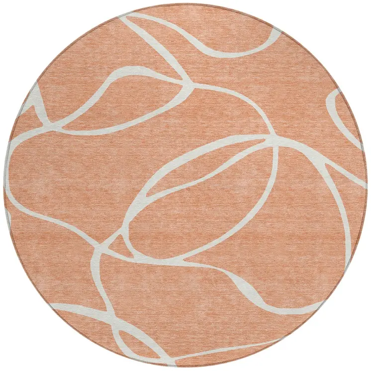 8' Salmon And Ivory Round Abstract Washable Indoor Outdoor Area Rug