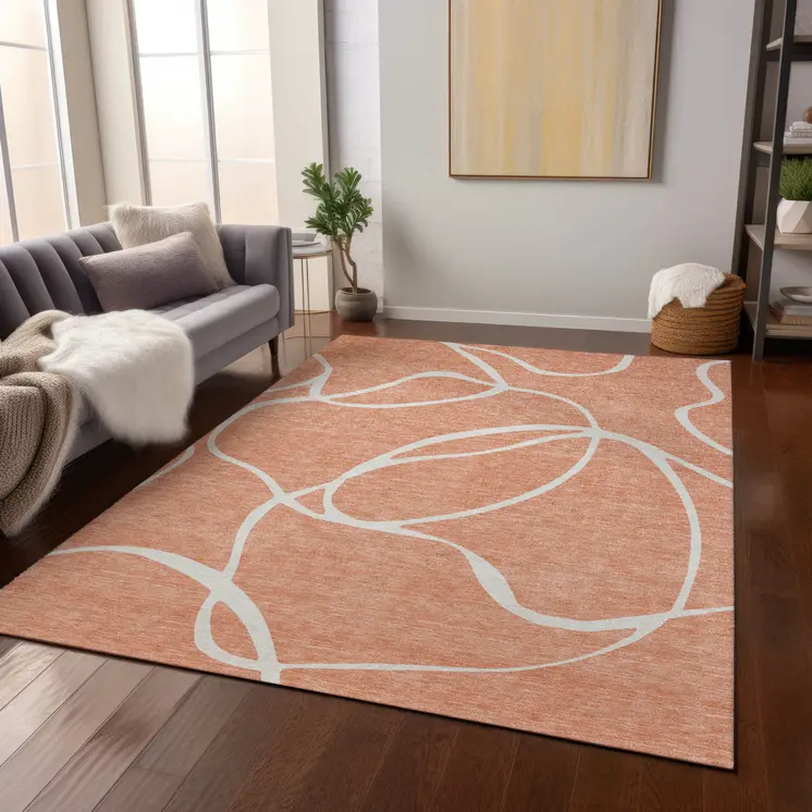 8' X 10' Salmon And Ivory Abstract Washable Indoor Outdoor Area Rug