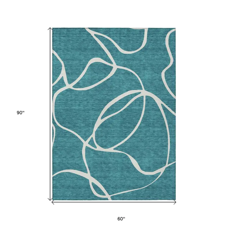 5' X 8' Teal Blue And Ivory Abstract Washable Indoor Outdoor Area Rug