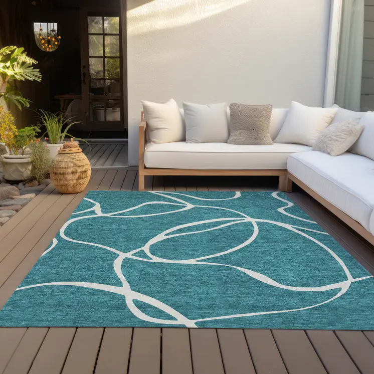 5' X 8' Teal Blue And Ivory Abstract Washable Indoor Outdoor Area Rug