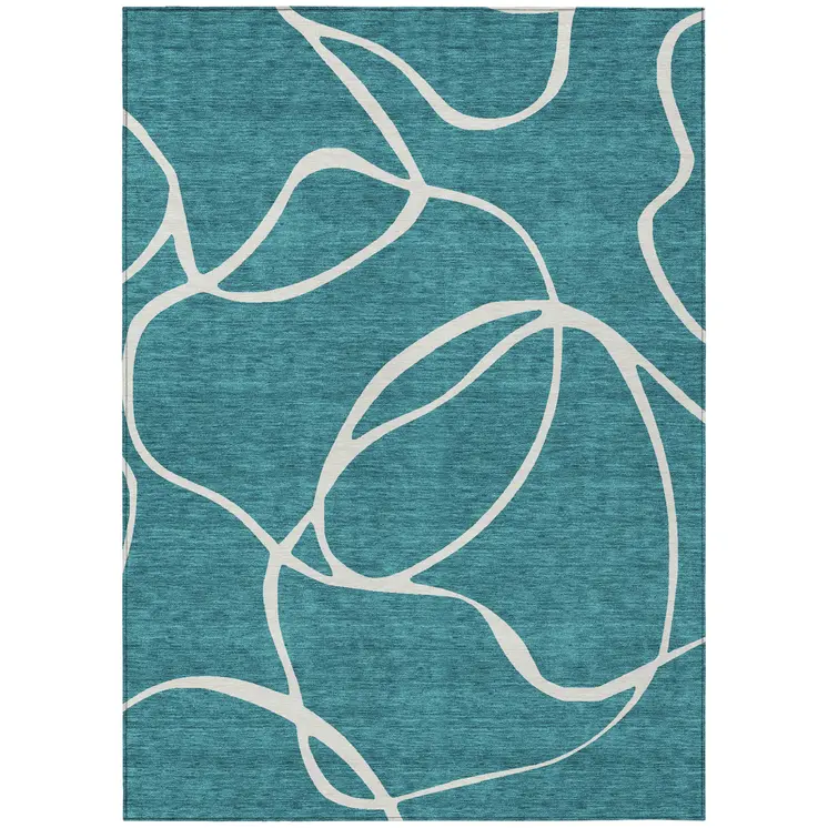 5' X 8' Teal Blue And Ivory Abstract Washable Indoor Outdoor Area Rug