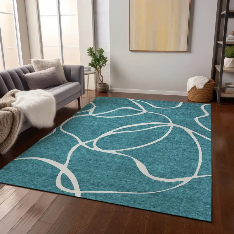 5' X 8' Teal Blue And Ivory Abstract Washable Indoor Outdoor Area Rug
