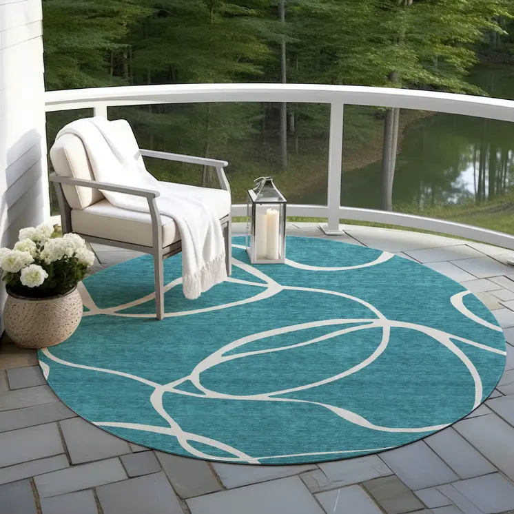 8' Teal Blue And Ivory Round Abstract Washable Indoor Outdoor Area Rug