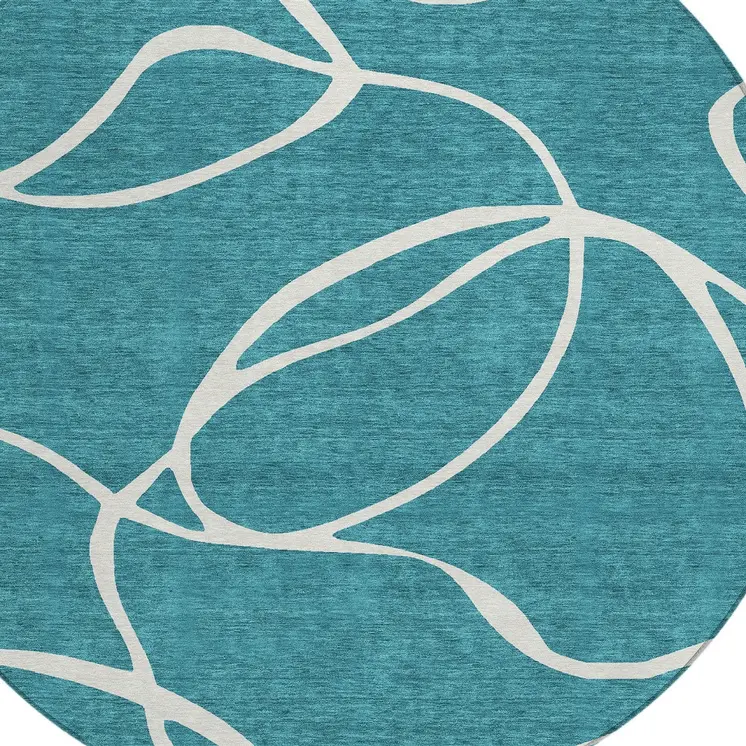 8' Teal Blue And Ivory Round Abstract Washable Indoor Outdoor Area Rug