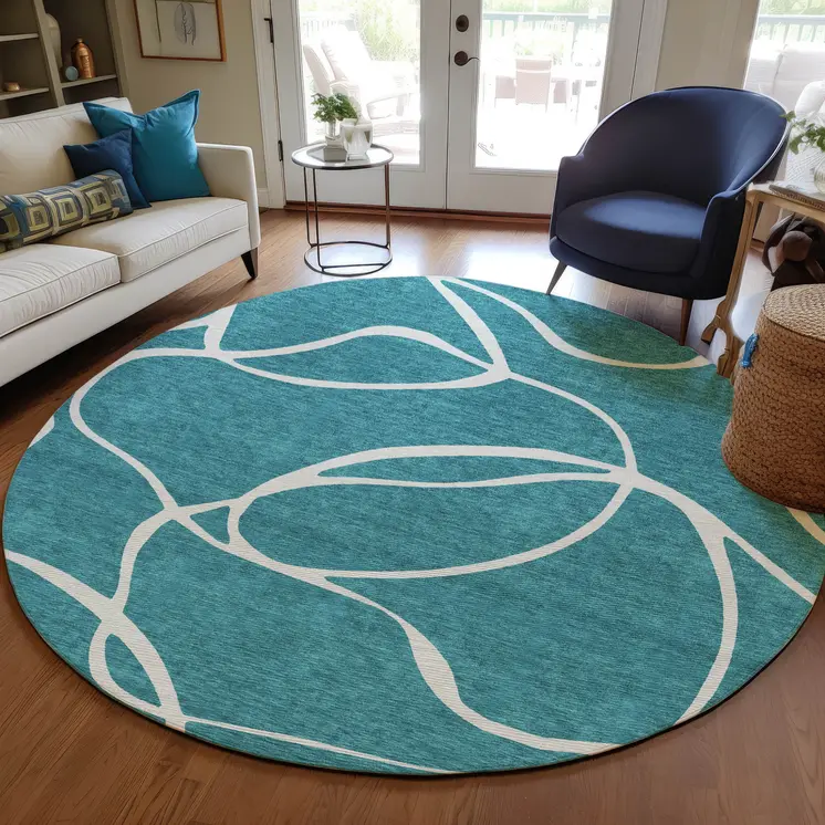 8' Teal Blue And Ivory Round Abstract Washable Indoor Outdoor Area Rug