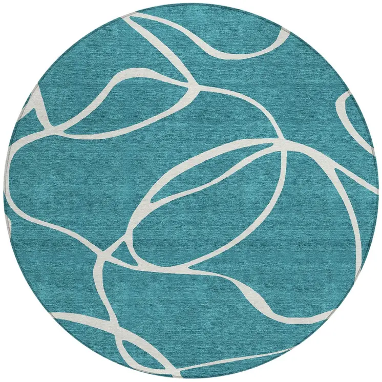 8' Teal Blue And Ivory Round Abstract Washable Indoor Outdoor Area Rug