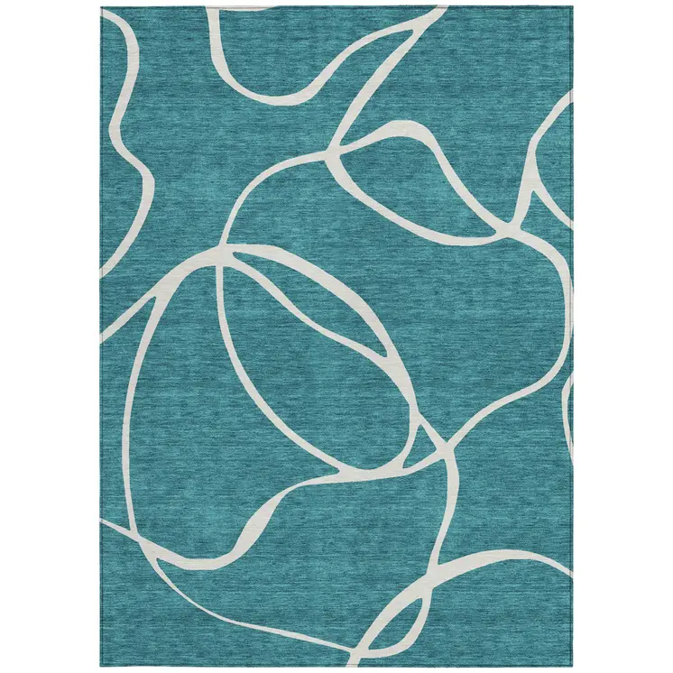 8' X 10' Teal Blue And Ivory Abstract Washable Indoor Outdoor Area Rug