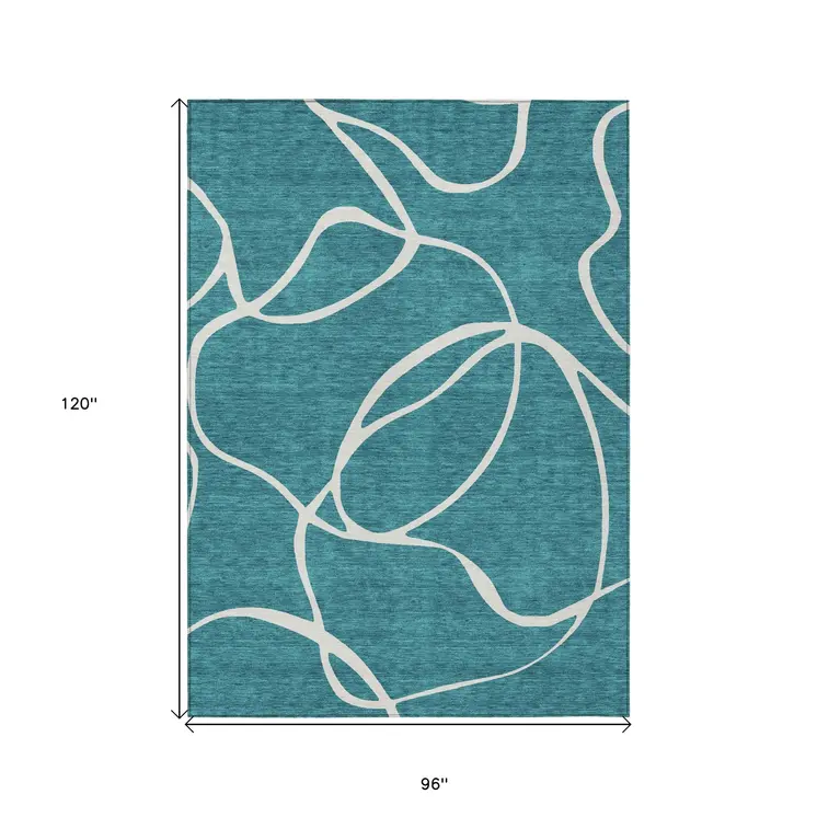 8' X 10' Teal Blue And Ivory Abstract Washable Indoor Outdoor Area Rug