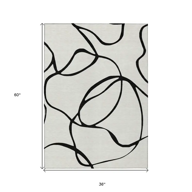 3' X 5' White And Black Abstract Washable Indoor Outdoor Area Rug