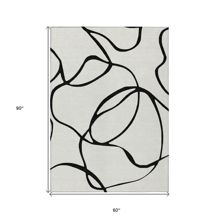 5' X 8' White And Black Abstract Washable Indoor Outdoor Area Rug