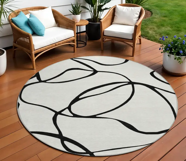 8' White And Black Round Abstract Washable Indoor Outdoor Area Rug
