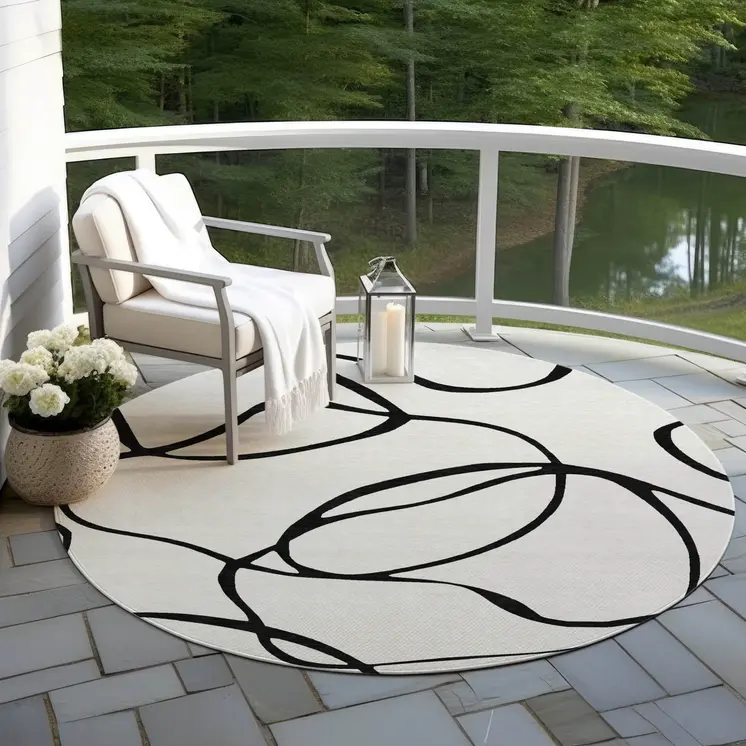 8' White And Black Round Abstract Washable Indoor Outdoor Area Rug