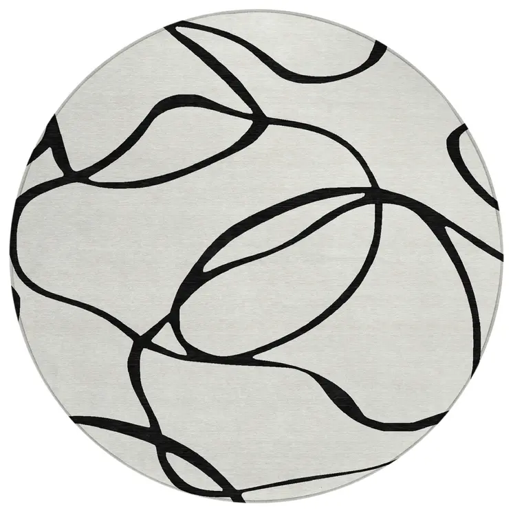 8' White And Black Round Abstract Washable Indoor Outdoor Area Rug