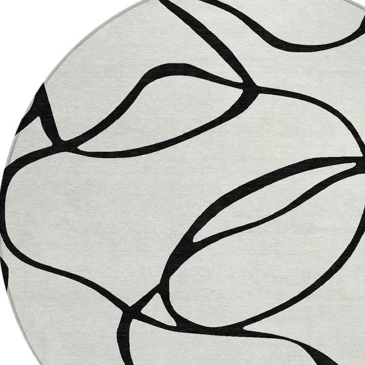 8' White And Black Round Abstract Washable Indoor Outdoor Area Rug