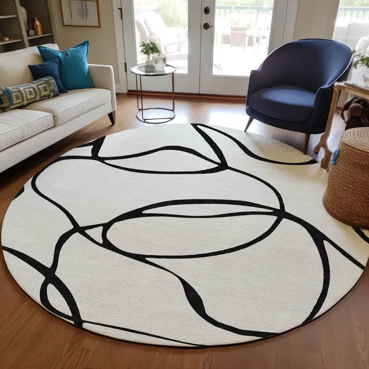 8' White And Black Round Abstract Washable Indoor Outdoor Area Rug