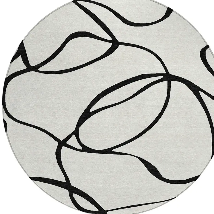 8' White And Black Round Abstract Washable Indoor Outdoor Area Rug