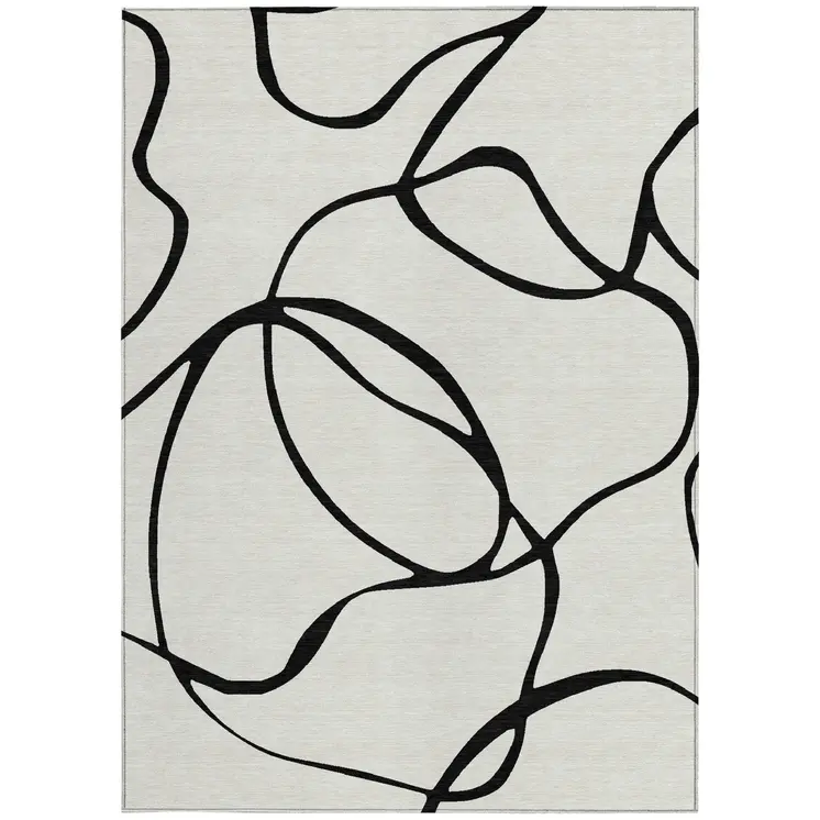 9' X 12' White And Black Abstract Washable Indoor Outdoor Area Rug