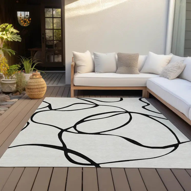 9' X 12' White And Black Abstract Washable Indoor Outdoor Area Rug