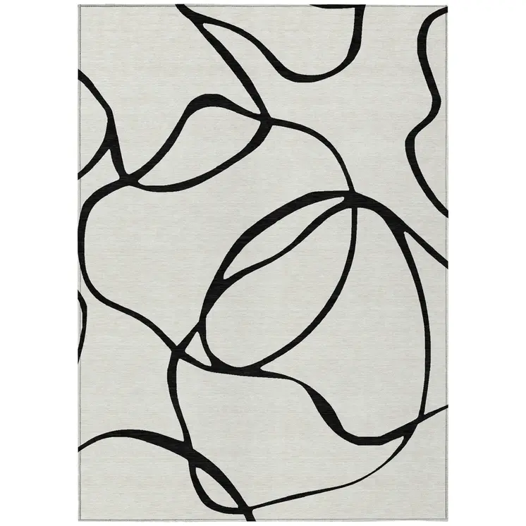 9' X 12' White And Black Abstract Washable Indoor Outdoor Area Rug