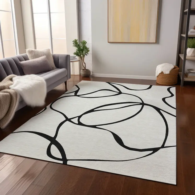 9' X 12' White And Black Abstract Washable Indoor Outdoor Area Rug