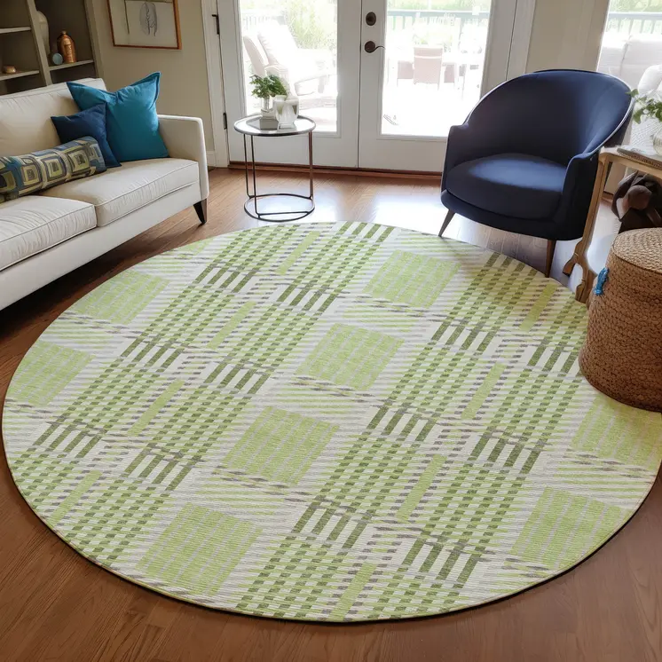 8' Artichoke Green Gray And Brown Round Plaid Washable Indoor Outdoor Area Rug