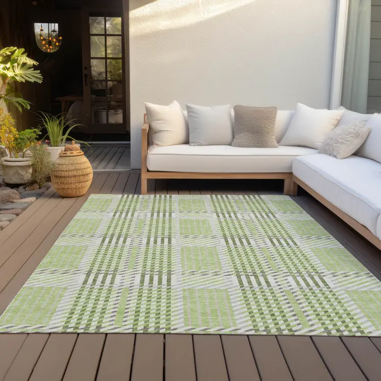 10' X 14' Artichoke Green Gray And Brown Plaid Washable Indoor Outdoor Area Rug
